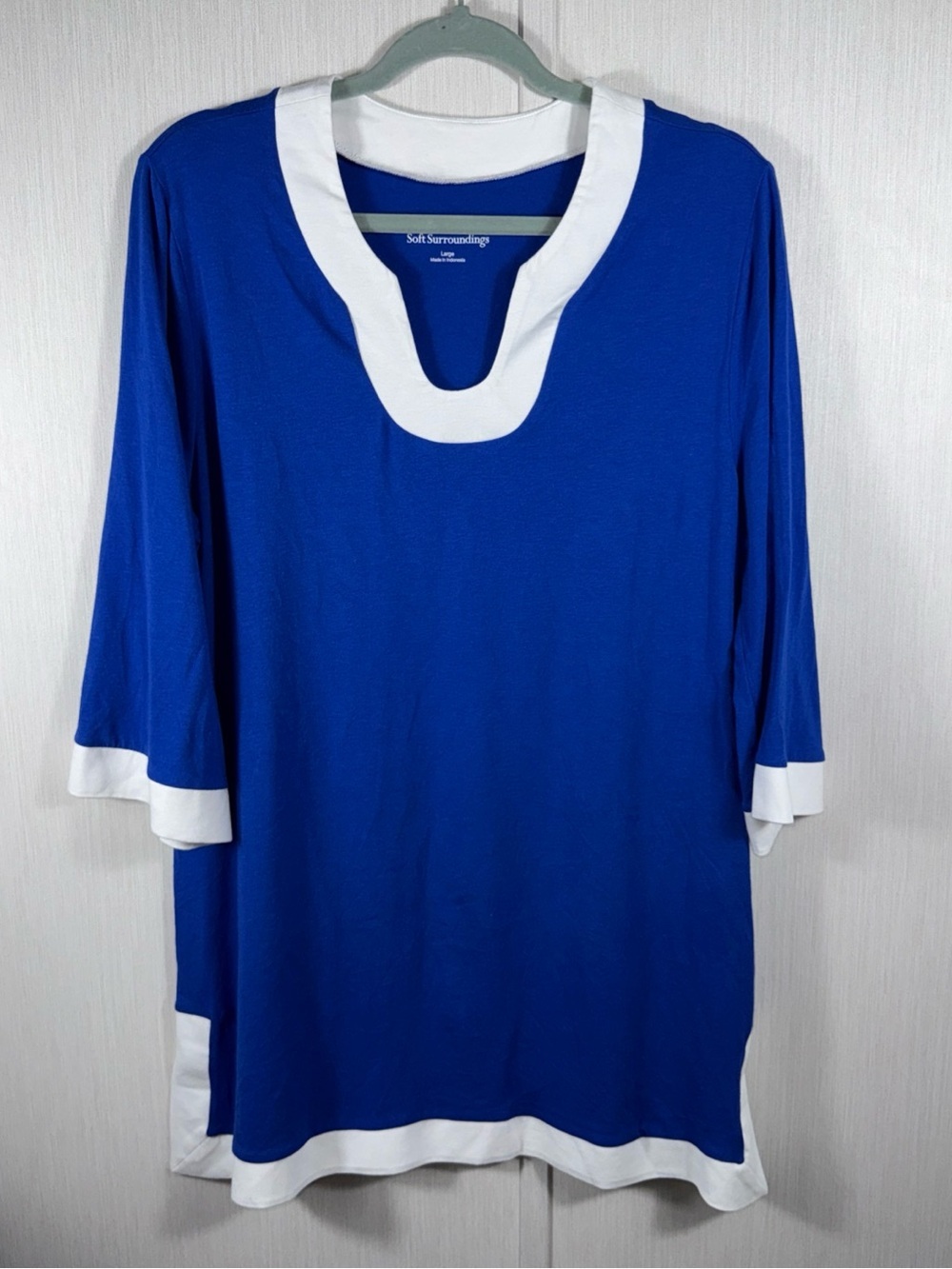 Soft Surroundings L Popover Tunic Shirt Royal Blue White Trim Stretch